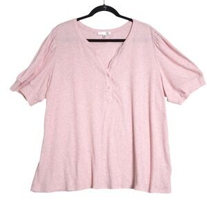 Daily Thread Ribbed Top Womens 3X Pink Heather Puff Sleeve Split V Neck Henley